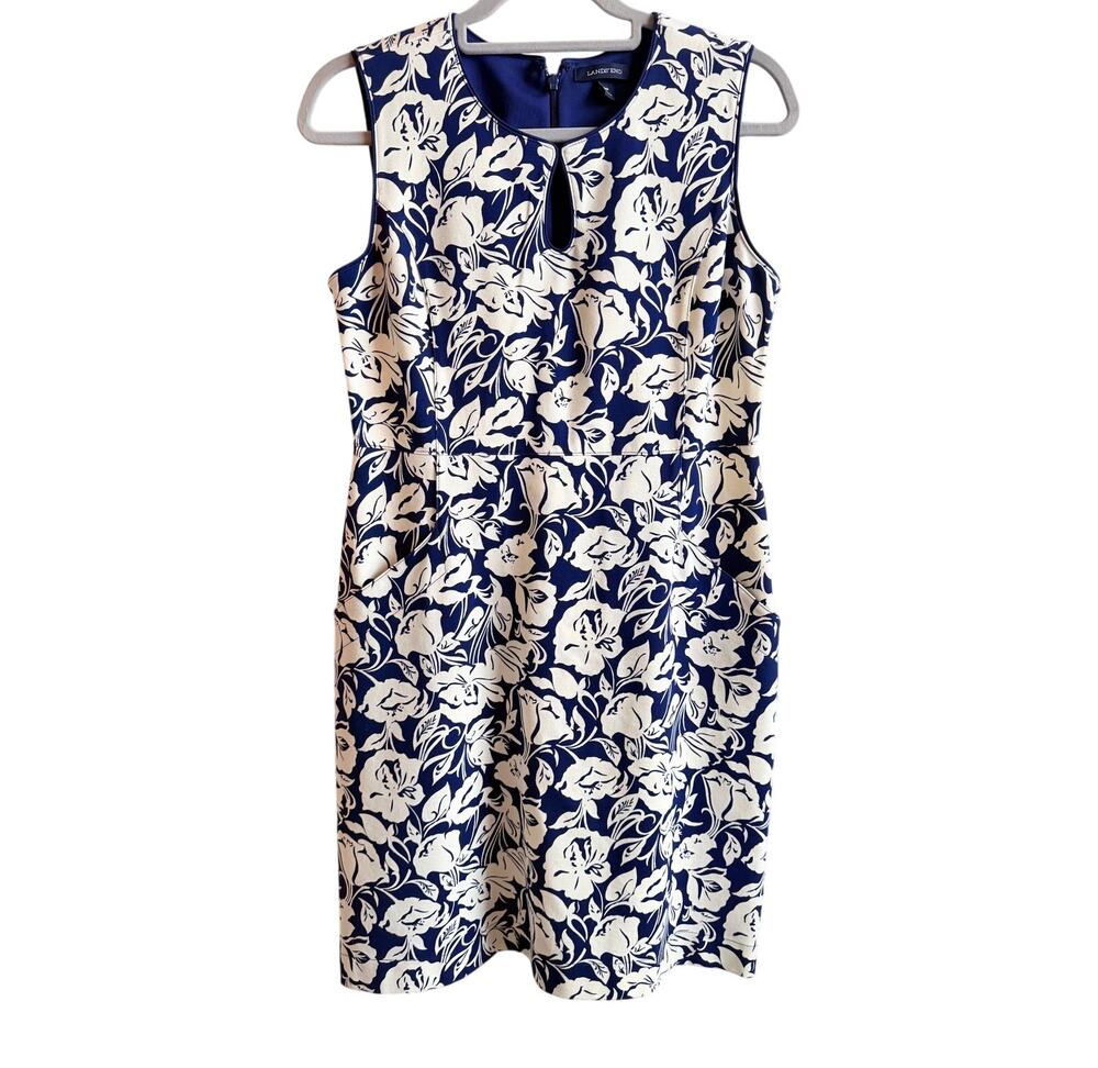 Lands' End Blue & White Floral Sleeveless Dress with Pockets Women’s 8P Petite